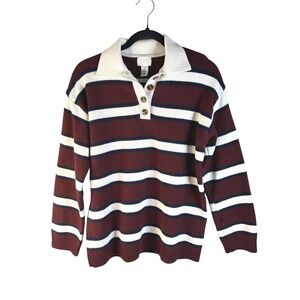 H&M Women's Burgundy Striped Long Sleeve Knit Polo Sweater Size Small